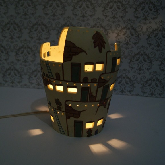Ceramic Village Lamp with Brown and Cream Accents - Picture 3 of 10